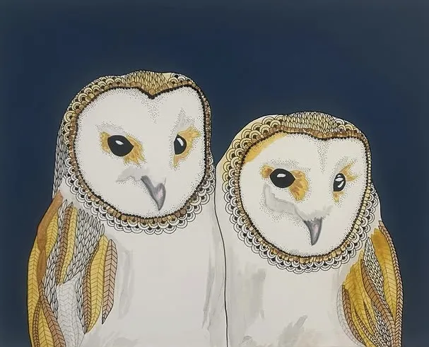 Detailed painting of two owls by Vanessa Goess
